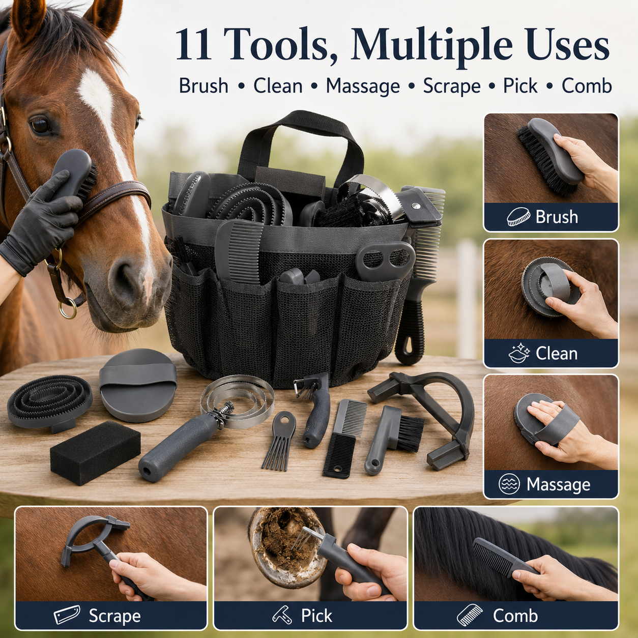 Quachton™ 11-Piece Complete Horse Grooming Kit with Tote Bag