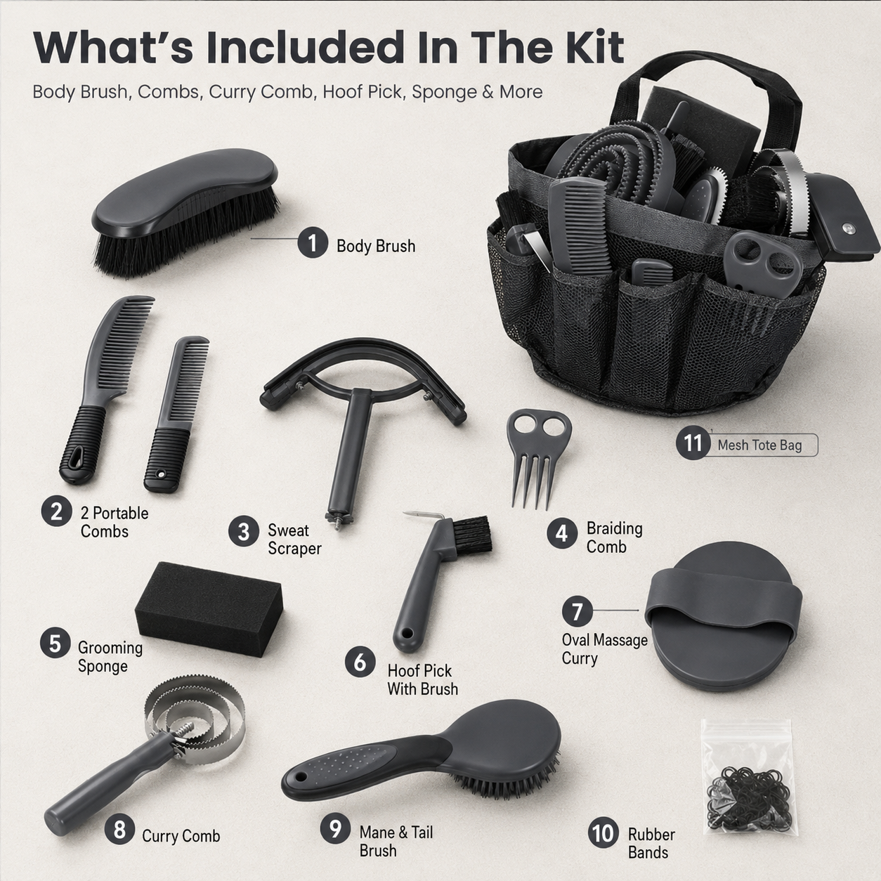 Quachton™ 11-Piece Complete Horse Grooming Kit with Tote Bag